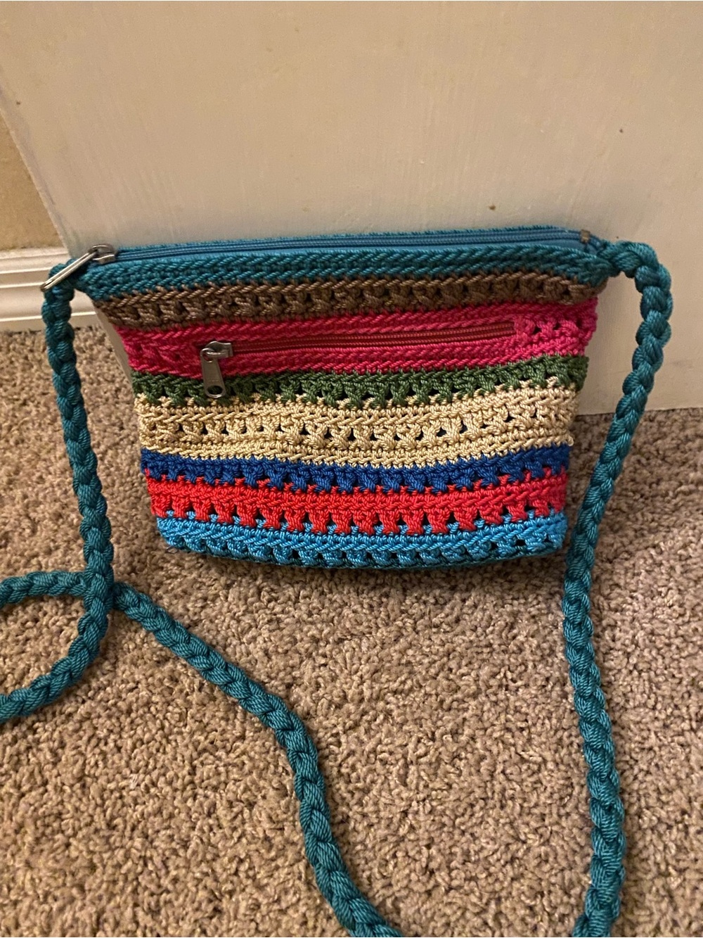 Merona Multicolor Striped Crochet Crossbody Bag with Teal Strap